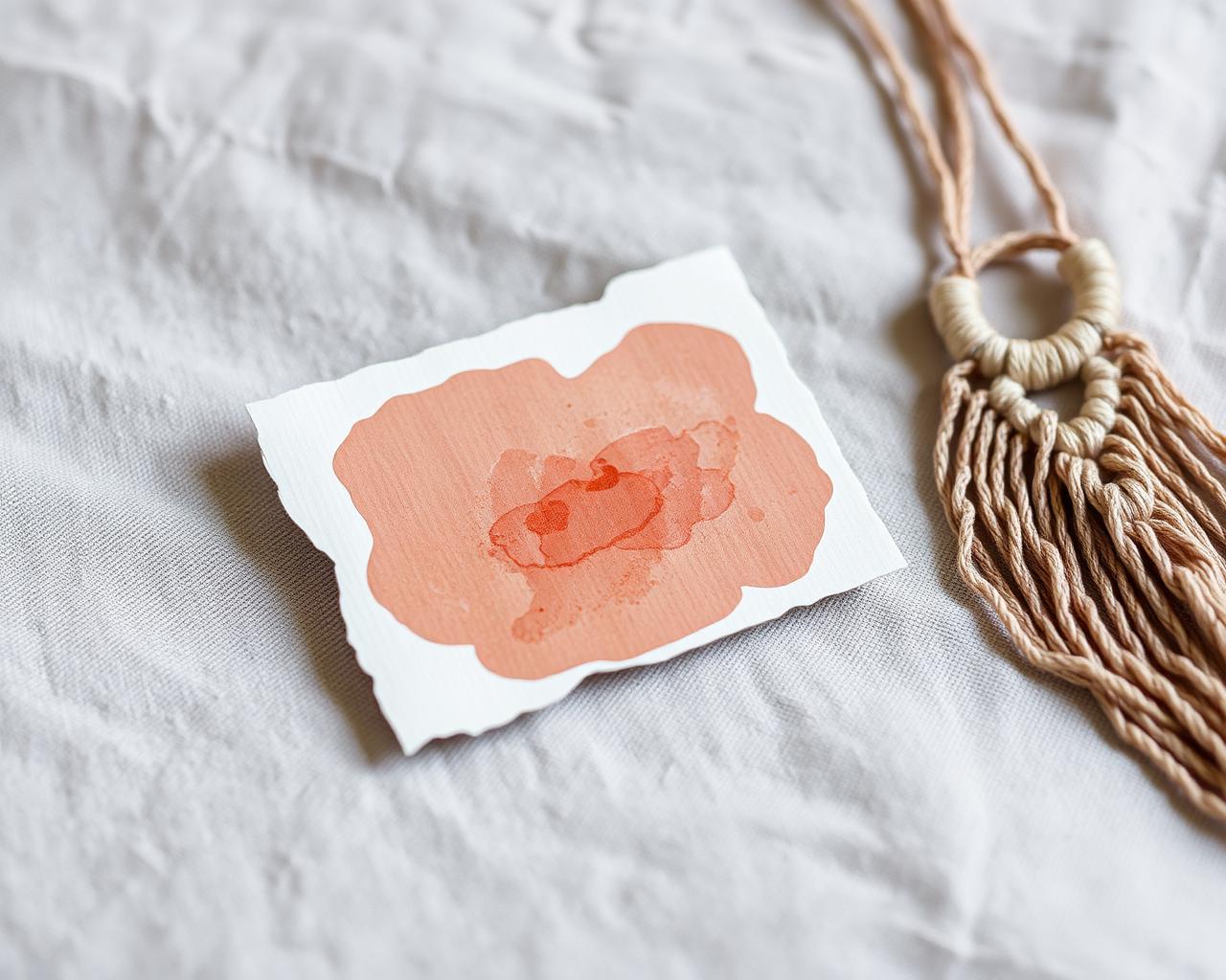 A hand-cut card from one of Ioana's original watercolor paintings, beside a macramé piece